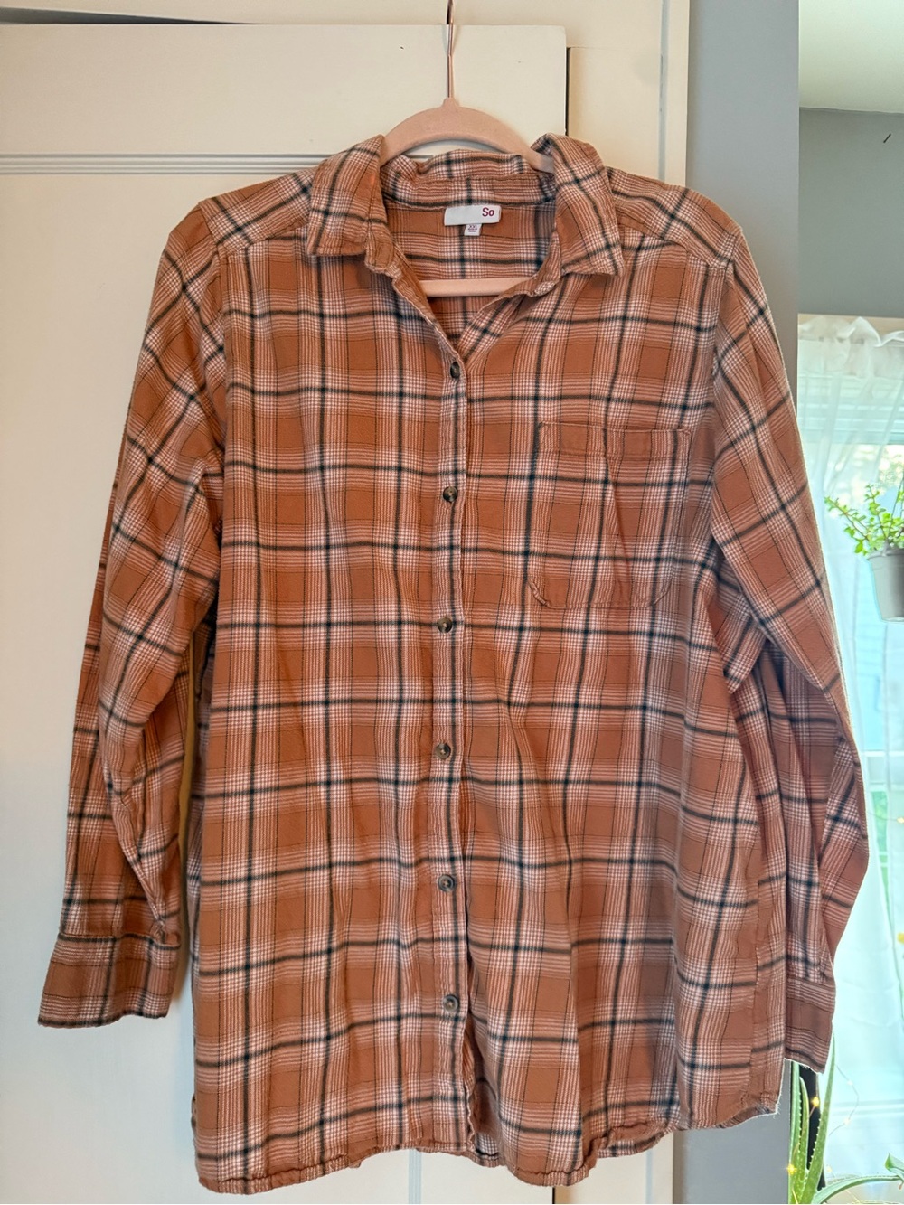 SO Women's Plaid Button-Down Shirt in Rust and Black